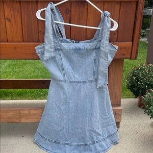 Stylish Light Blue Denim Mini Dress with Tie Straps